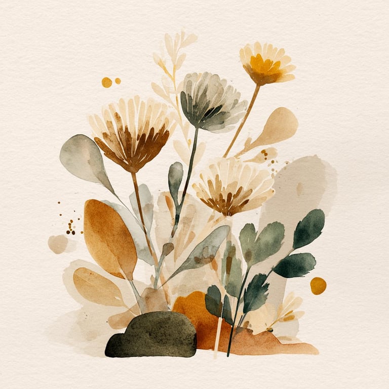 Watercolor illustration of dried flowers and foliage in warm earth tones including cream, brown, and green on beige background