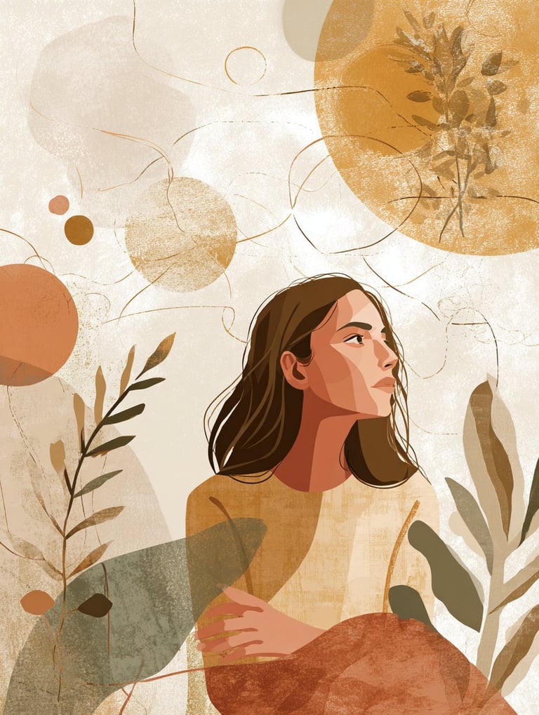 Illustration of a woman with long dark hair looking upward, surrounded by abstract botanical elements and warm earthy tones