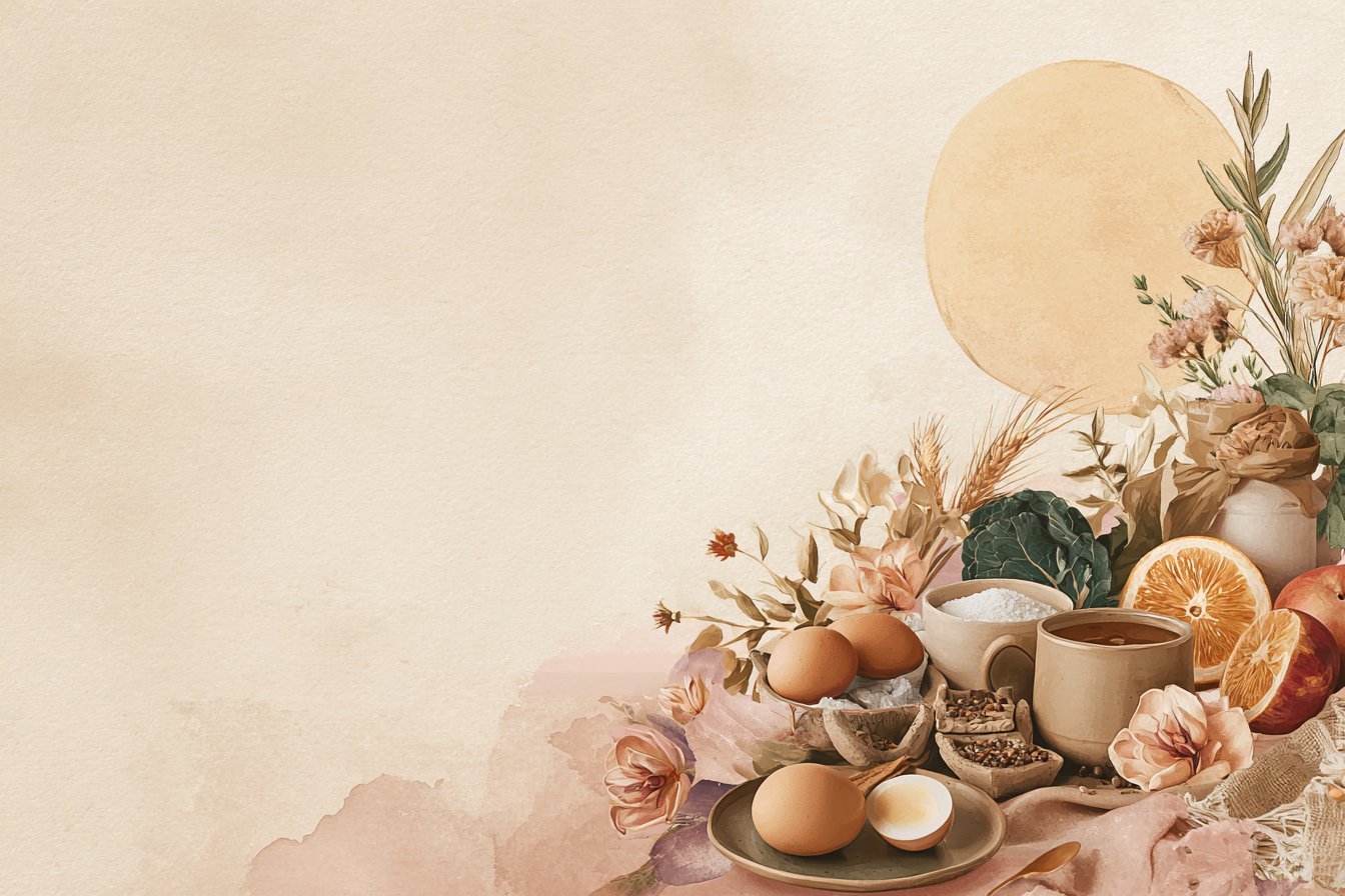 Flat lay arrangement with dried flowers, eggs, citrus slices, and ceramic cups on a beige background with a circular sun element