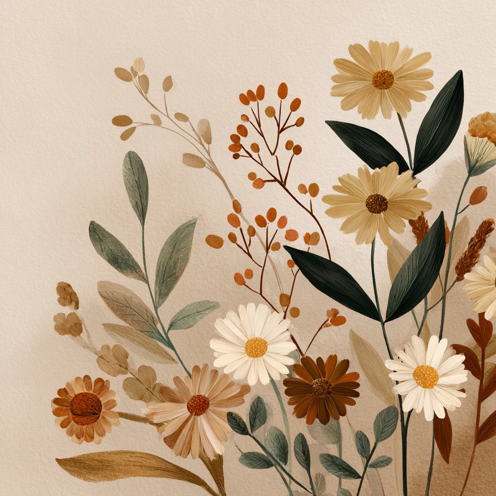 Botanical illustration of dried flowers and foliage in warm earth tones on a beige background