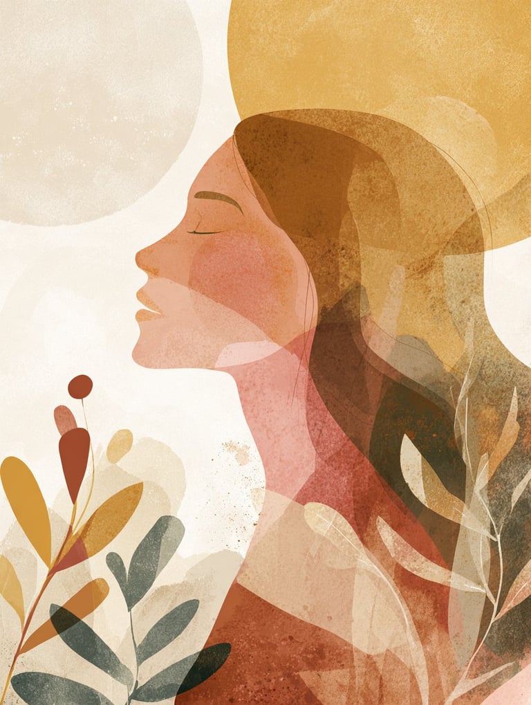 Abstract illustration of a womans profile in warm earth tones with overlapping geometric shapes and botanical elements