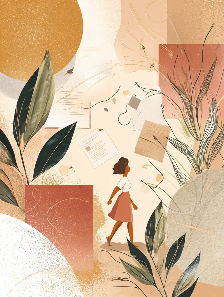 Illustration of a woman in a red dress surrounded by decorative plants, papers, and geometric shapes in warm earth tones