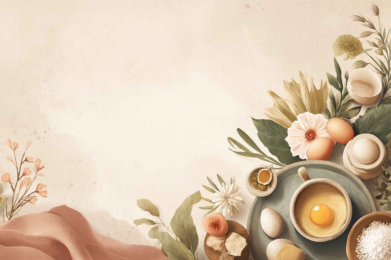 Flat lay of baking ingredients and kitchen items arranged with dried flowers and botanical elements on a neutral beige background